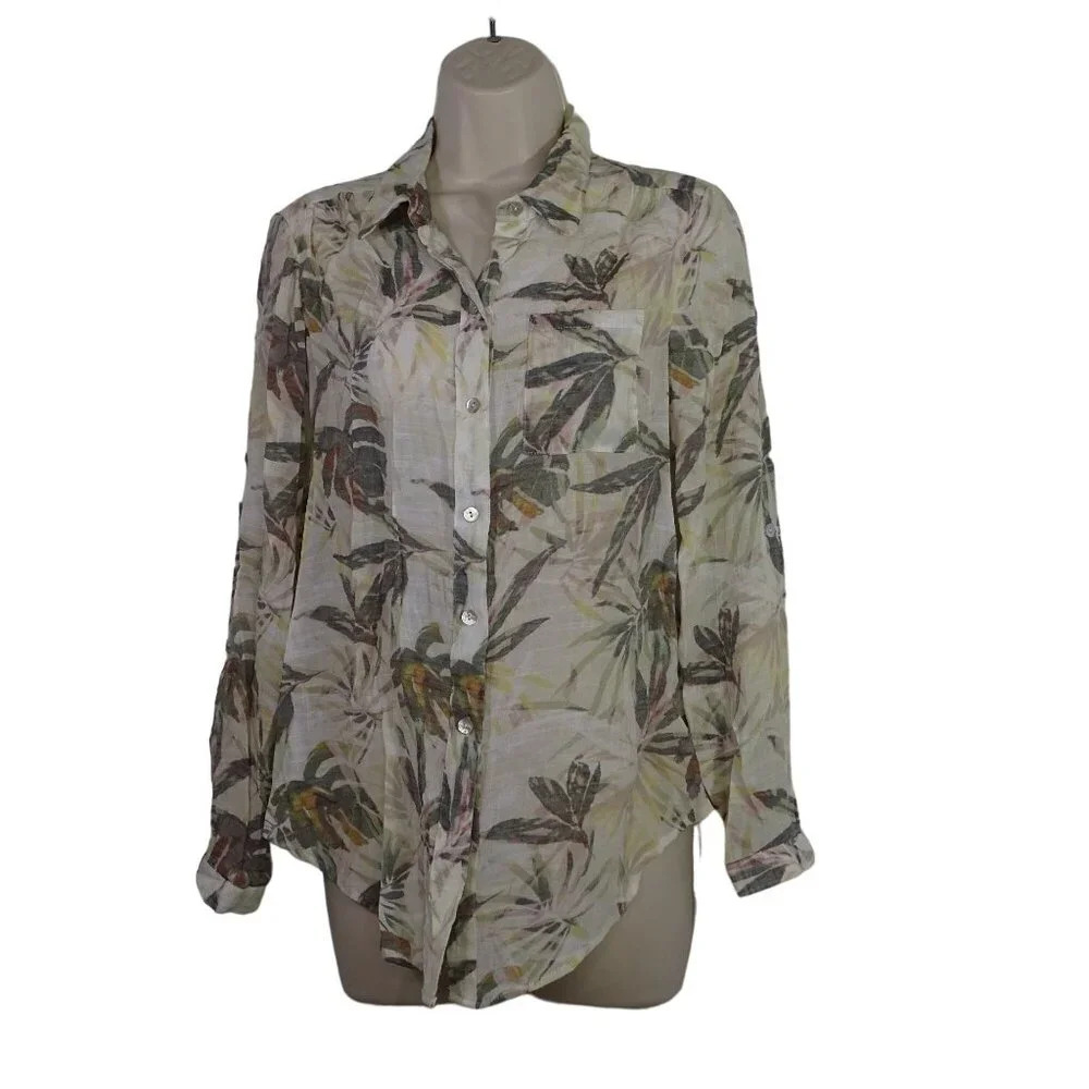 New Directions Floral Button Up Blouse Shirt Green Women Petite PM Long Sleeve
